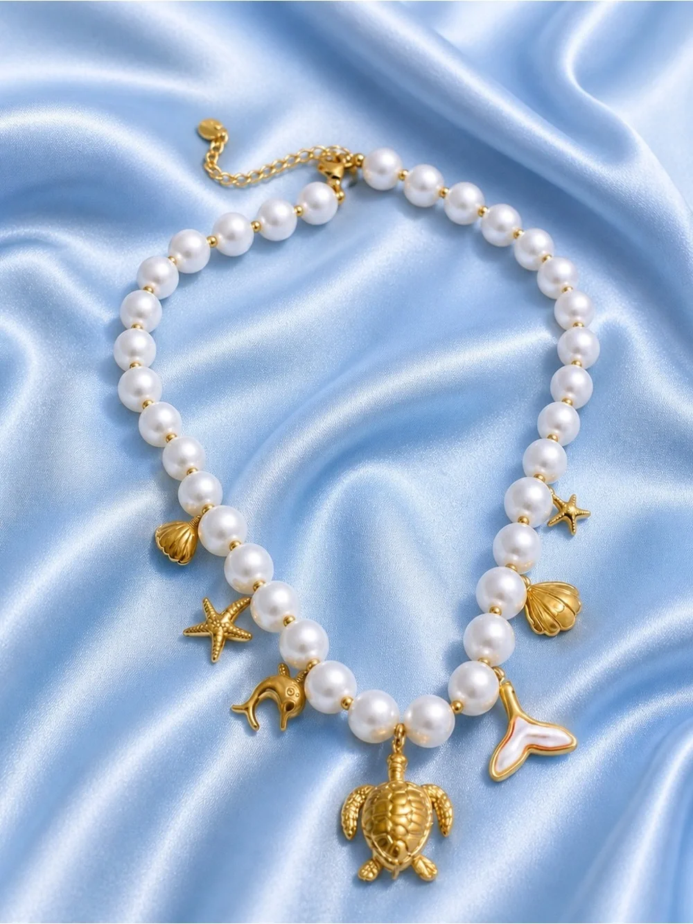 Gold Turtle Pearl Sea Life Charm Necklace